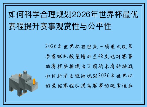 如何科学合理规划2026年世界杯最优赛程提升赛事观赏性与公平性 如何科学合理规划2026年世界杯最优赛程提升赛事观赏性与公平性